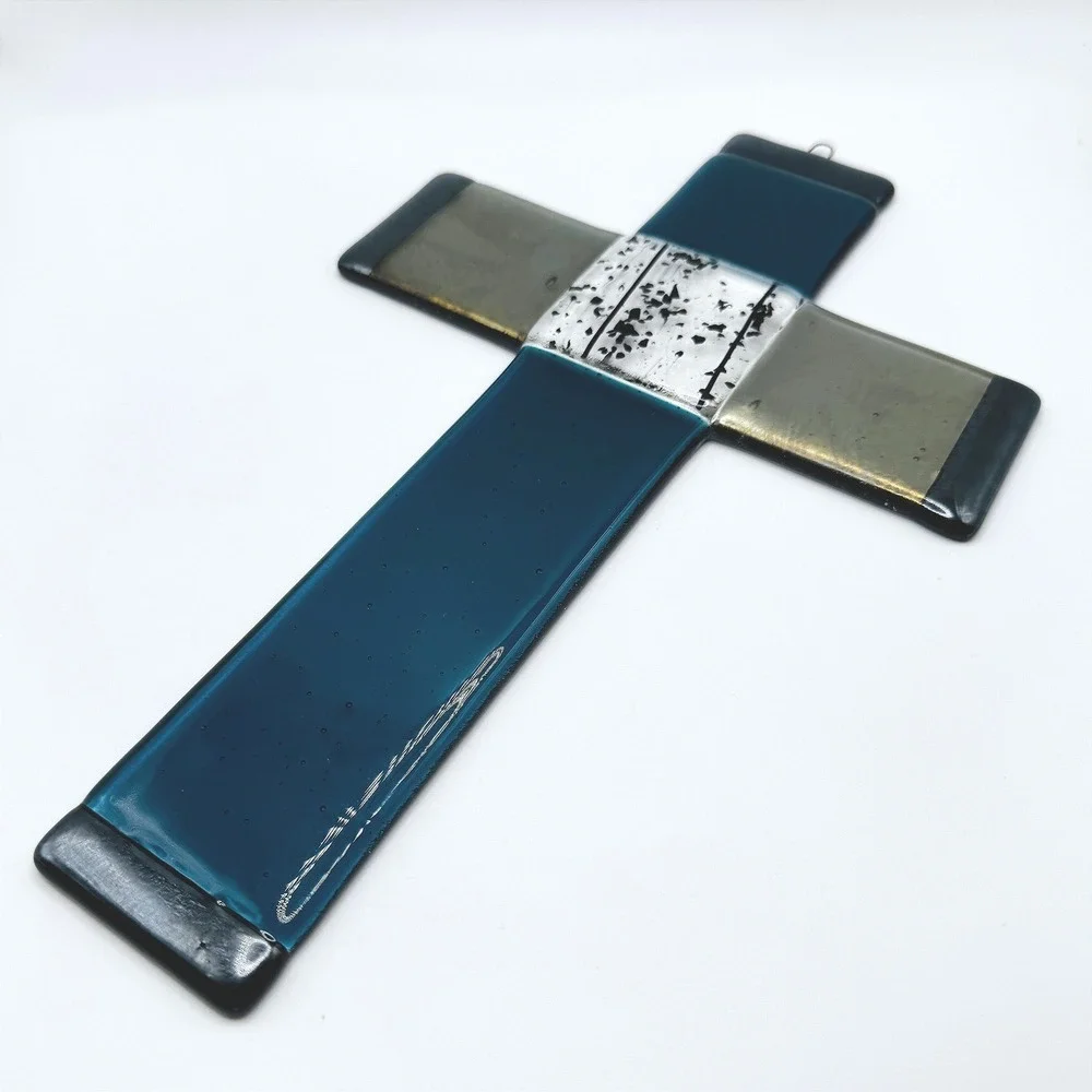 Handmade Fused Glass Wall Cross Faith Blue Art Glass Religious Decor
